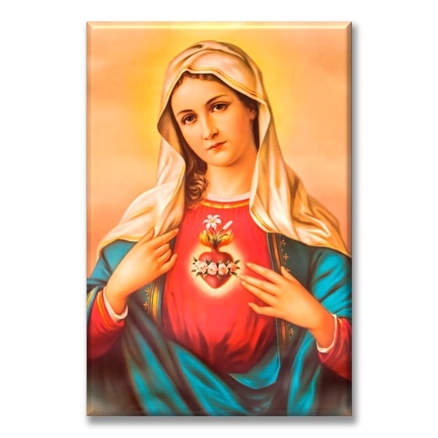 cuadro canva listo para colgar tipo galería sagrado corazon de maria 60x90 cm pixtreats lienzo polycotton con marco de pino, impreso en alta resolución; imagen devocional del Sagrado Corazón de María sobre fondo cálido naranja, túnica roja y manto azul y corazón flamígero con flores en el centro. Listo para colgar en sala, recámara u oficina.