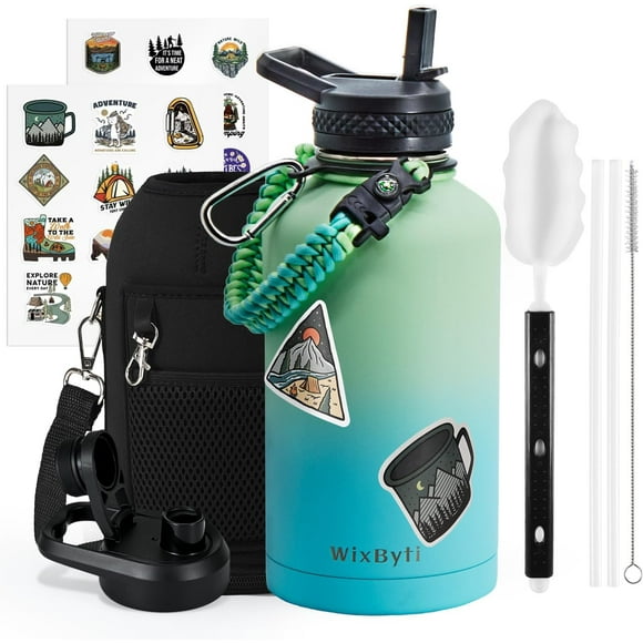 UTAH-64 oz Insulated Water Bottle with Straw (Cold for 48 Hrs), Half Gallon Stainless Steel Triple Wall Vacuum Sports Water Jug, Leakproof Hydro Cup Flask with Straw Spout Lids & DIY Stickers