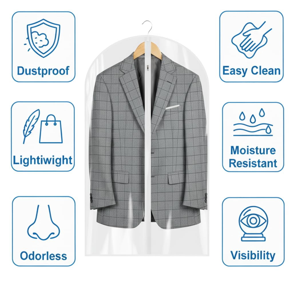 All Clear Garment Bags for Hanging Clothes, 10 Pack Suit Bags for Closet Storage, Plastic Dustproof Suit Cover Bags, Clothes Protectors Bag with zipper for Coats, Jackets, Shirts