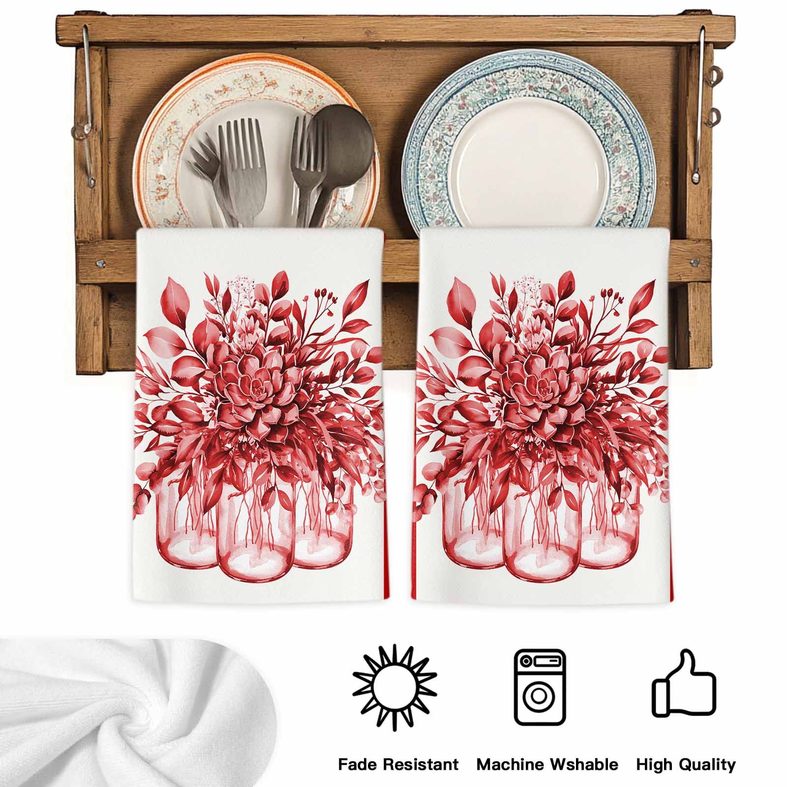 Dish Towels, Red Eucalyptus Leaves Absorbent Kitchen Towels 2 PCS, Floral Vase Stripes Microfiber Hand Towels Dish Cloths Tea Towels for Home&nbsp;Bathroom Cleaning Drying,18X28-Inch,