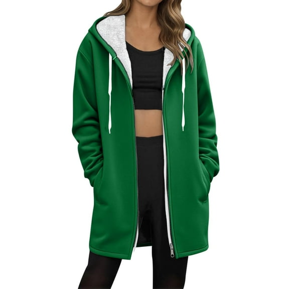 Atogsazn Womens Fleece Lined Jacket Casual Full Zip Long Sleeve Hooded Coat Winter Warm Soft Tops Clothing Outerwear Green XXL Fashion