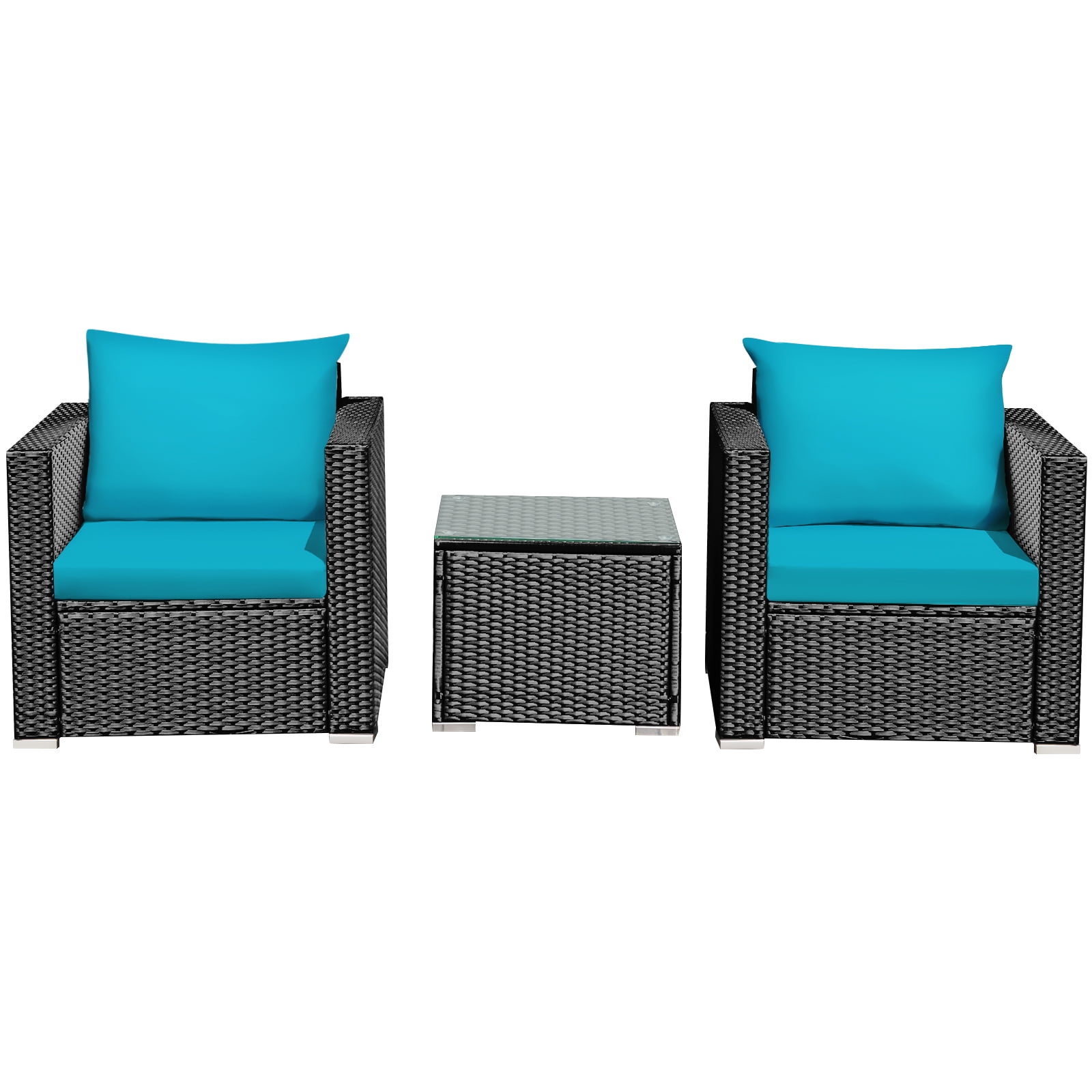 Patiojoy 3PCS Patio Rattan Furniture Conversation Set with 2 Cushioned Sofas & Coffee Table for Outdoor Turquoise