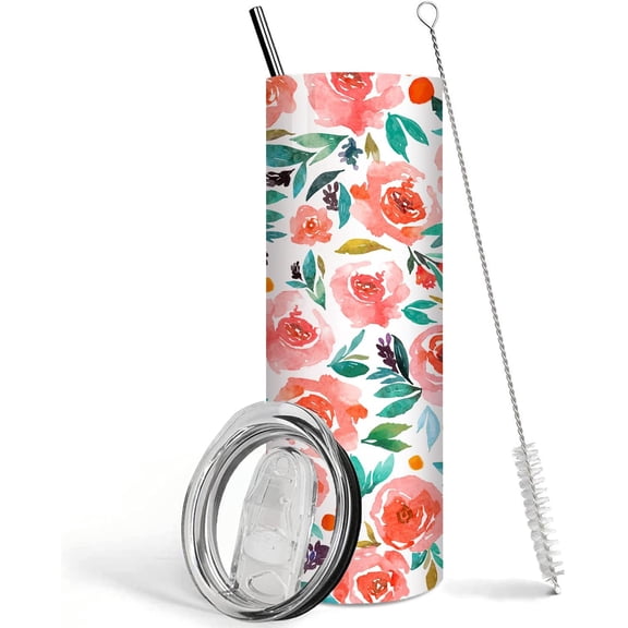 Floral Tumbler with Lid and Straw Floral Mug Flower Travel Coffee Cup 20 OZ Rose Plant Double Wall Insulated Tumbler Water Bottle Floral Gifts for Birthday Christmas