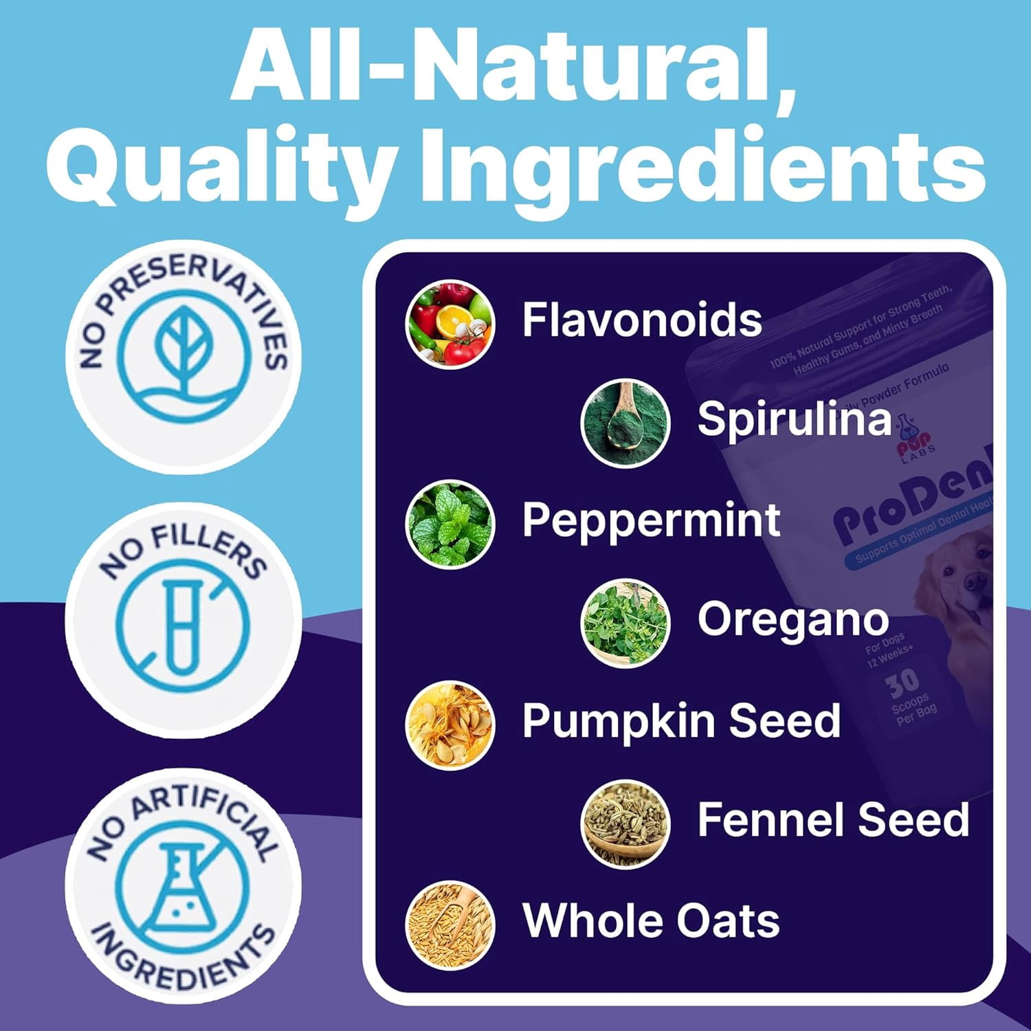 ProDenta, All-Natural Dog Breath Freshener, Easy-to-Use Dog Teeth Cleaning Powder Against Leaky Gums, Dental Powder for Dogs Teeth and Tartar Remover Made in USA, 30 Scoops (Pack of 6).