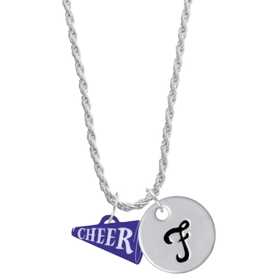 Delight Jewelry Acrylic 3/4" Navy Cheer Megaphone Silvertone Script Initial Disc - F - Charm Necklace, 20"+3"