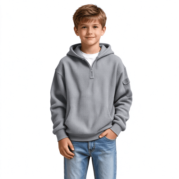 BXJX Boys Half Zip Hoodies Size 7 T, School Long Sleeve Waffle Knit Side Pockets Pullover Sweatshirts Gray