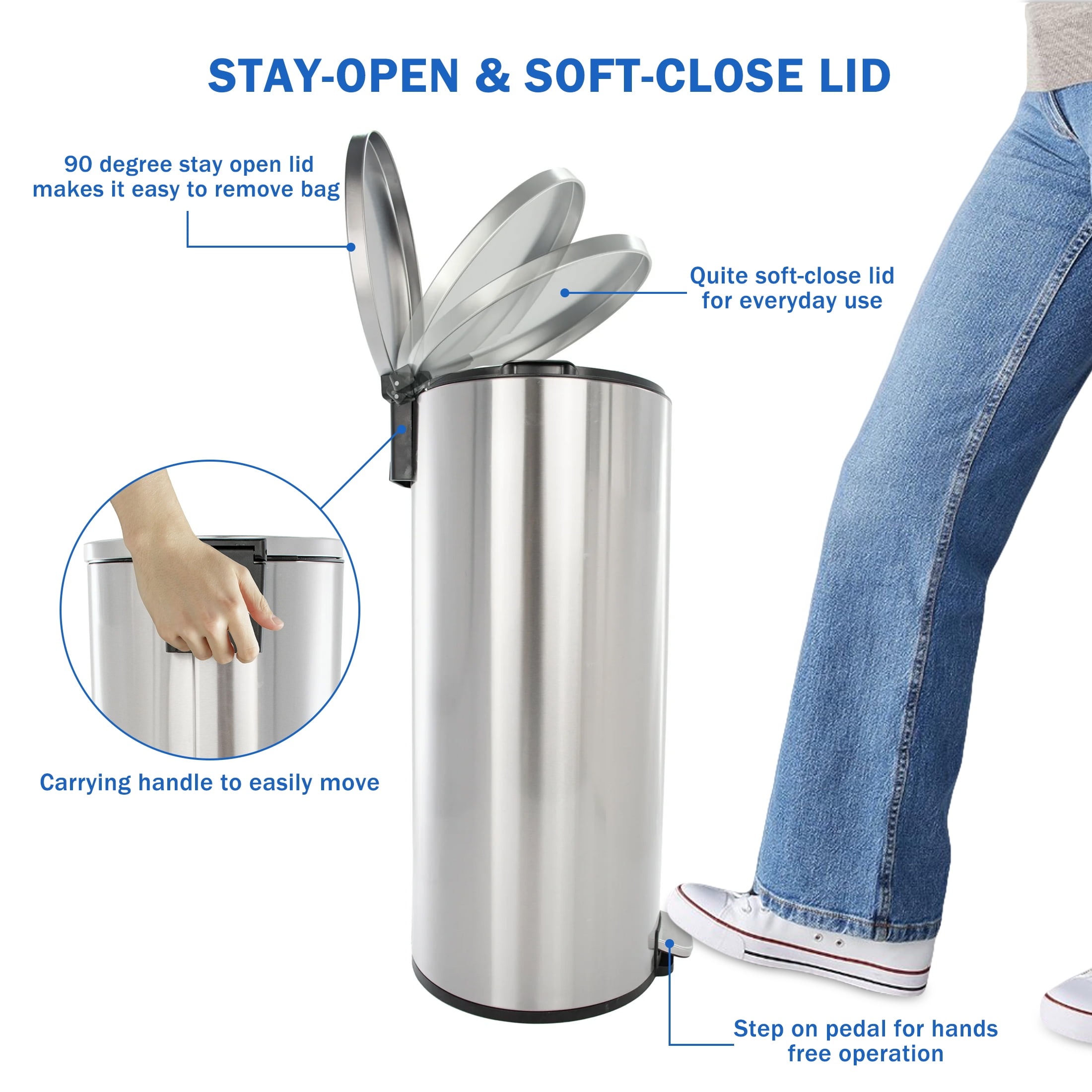 Better Homes & Gardens Kitchen Trash Can, 7.9 Gallon Stainless Steel Round Step Garbage Bin with Soft Close Lid, Silver