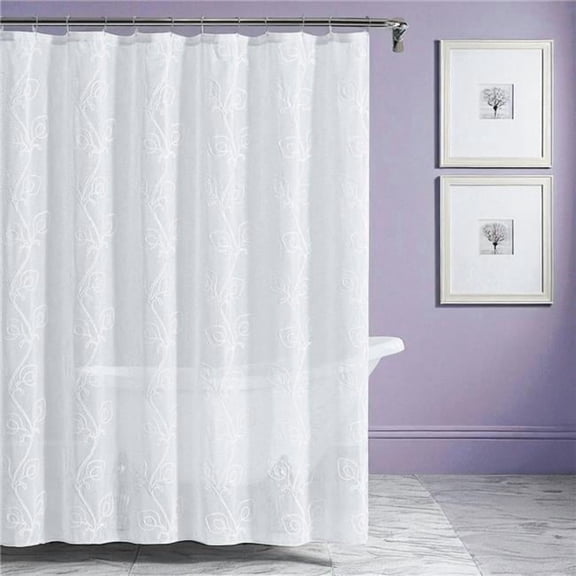 HomeRoots 484021 72 in. White Floral Faux Linen Shower Curtain with Embroidery