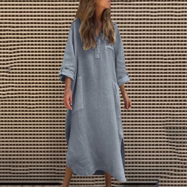 Ovzne Robes pour Femmes 2025 Robe Femme Robe Femme Couleur Unie à Manches Longues à Rabat Bouton Irrégulier Bouton Poche Longue Robe Robe d'Été à Manches Longues Imprimée Longues Robes Liquidation