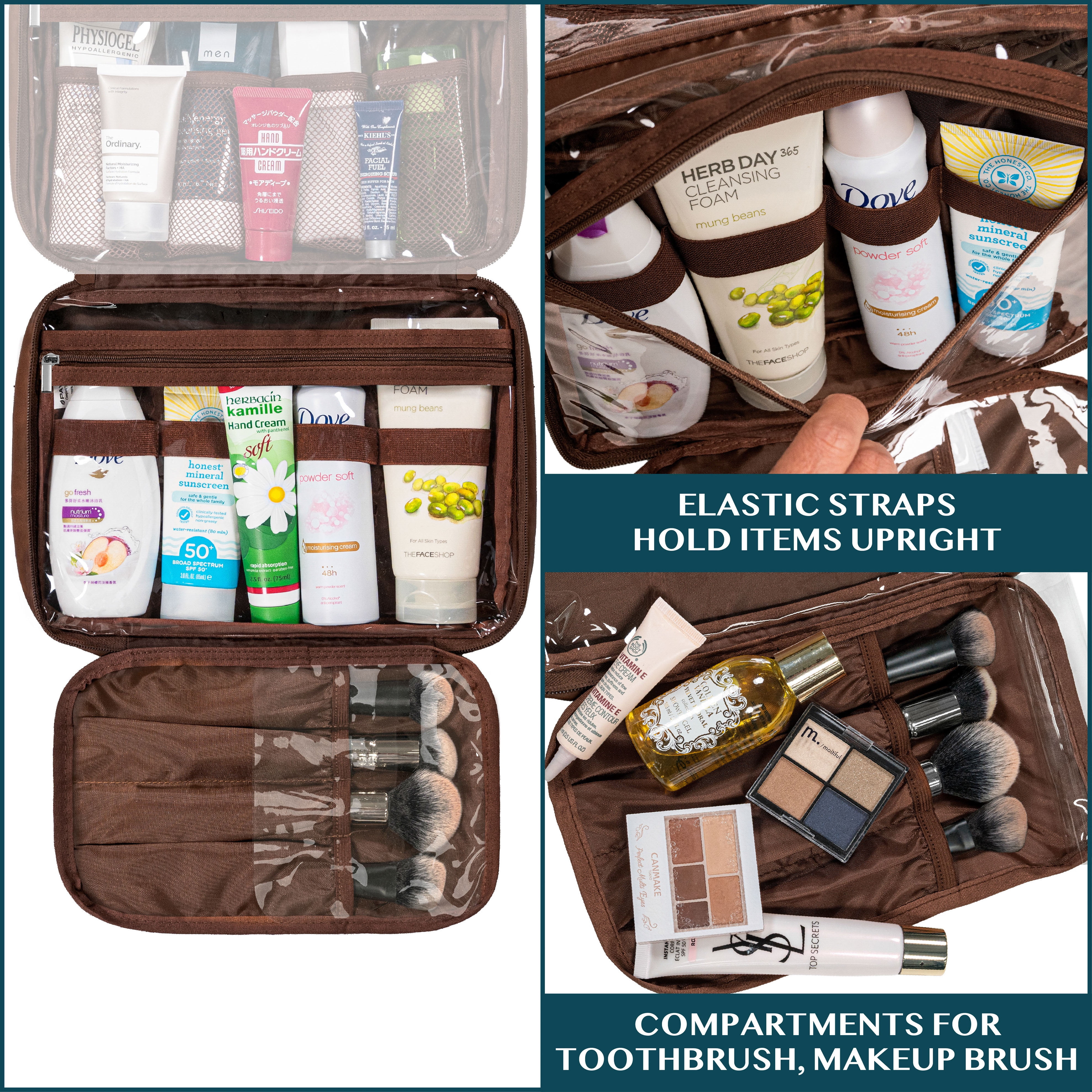 PAVILIA Hanging Toiletry Bag Women Men, Foldable Cosmetic Organizer Travel Bag, Water Resistant Makeup Bag Toiletries, Large Travel Essentials Kit (Dark Brown)
