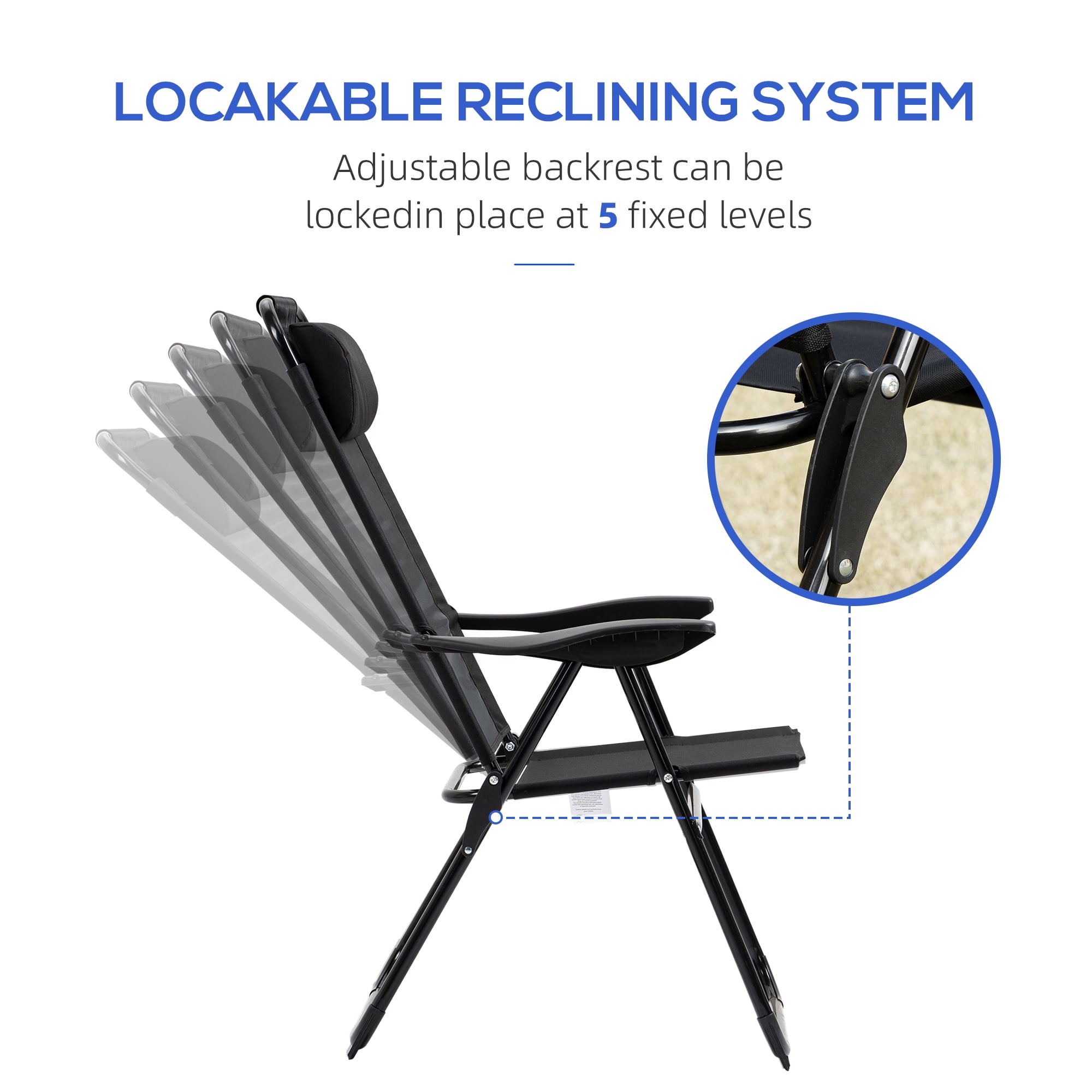 Folding Patio Chairs Set of 2, Outdoor Deck Chair with Adjustable Sling Back, Camping Chair with Removable Headrest for Garden, Backyard, Lawn, Black