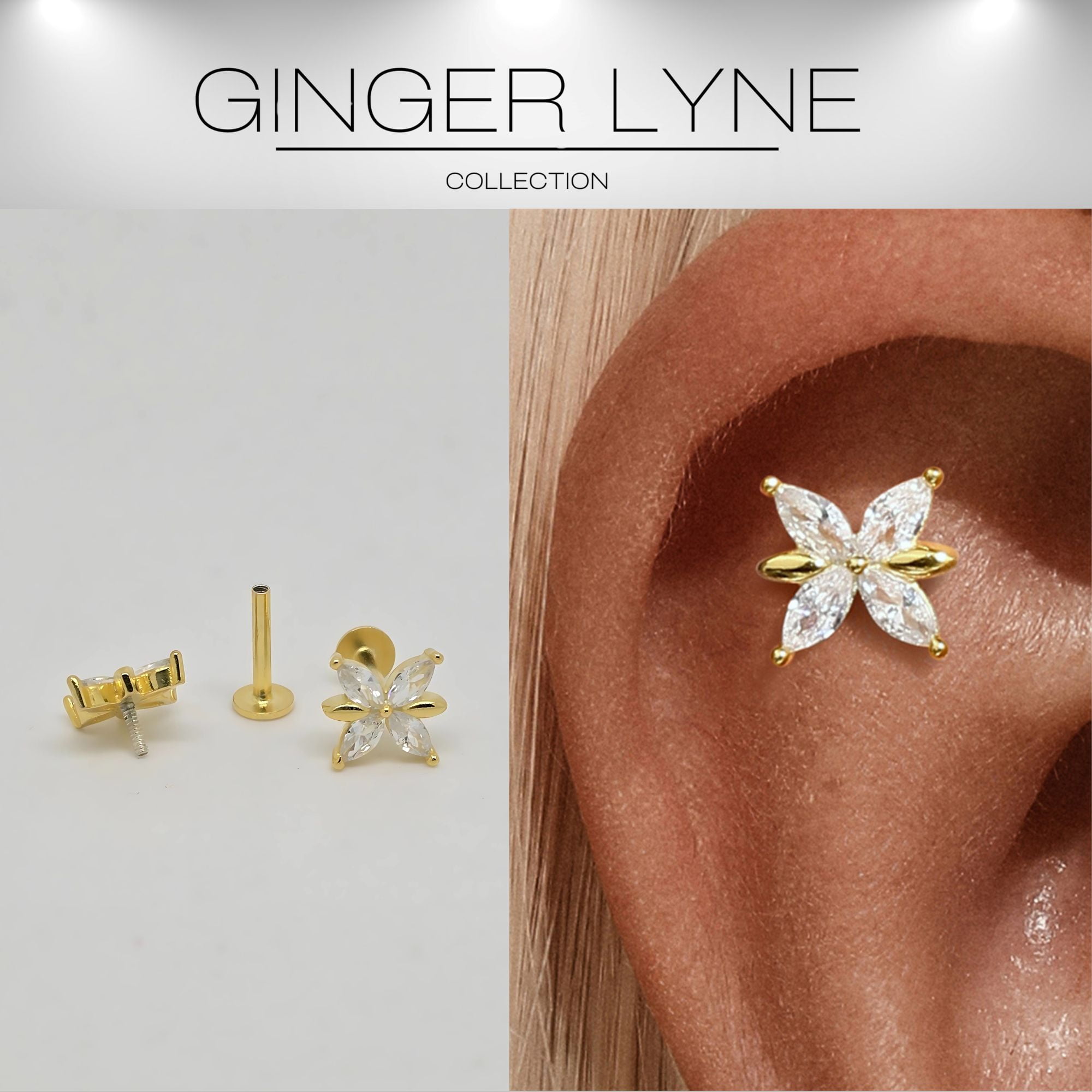 Butterfly CZ Flat Back Earrings for Cartilage Helix Tragus Lobe 16g Gold Plated Sterling Silver 1 pair by Ginger Lyne