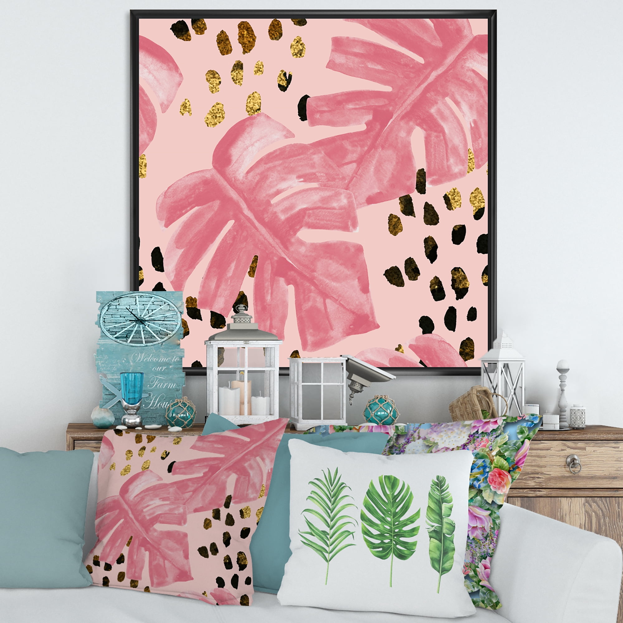 Designart 'Rough Brush Strokes Pink Colored Monstera I' Tropical Framed Canvas Wall Art Print