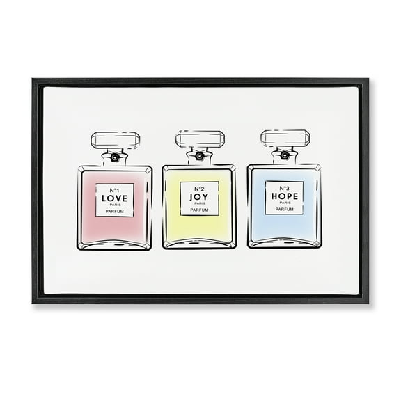 Stupell Industries Love Hope Joy Perfumes Fashion Painting Black Floater Framed Canvas Art Print Wall Art, 25 x 17
