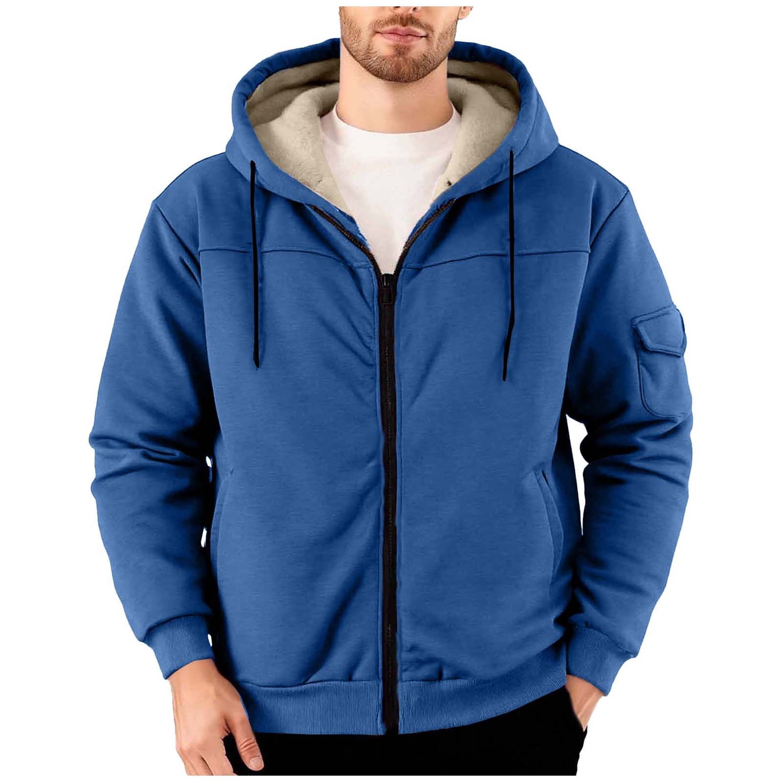 BiZtdJrK Mens Sherpa Lined Hoodie Jackets Winter Thermal Full Zip Hooded Sweatshirt with Pockets, Blue, XXL