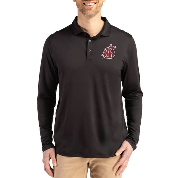 Men's Cutter & Buck Black Washington State Cougars Primary Coastline Epic Comfort Long-Sleeve Polo