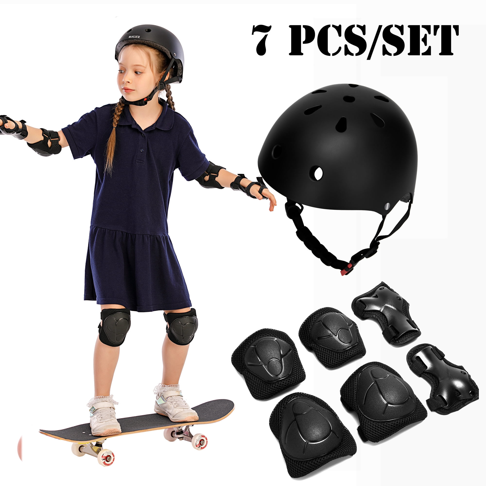Knee Pads+Elbow Pads+Wrist Pads+Helmet Kids Protective Gear Set 7 in 1 Adjustable Bike Helmets for Roller Skating Skateboard BMX Scooter Cycling Age 3-8 Years Old Boys Girls