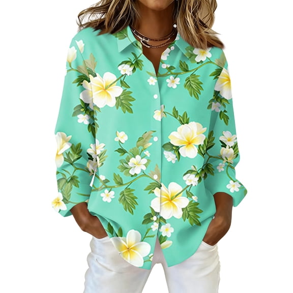 Sewkxo Woman's Hawaiian Shirts Floral Printed Long Sleeves Lapel Collar Button Down Tropical Beach Shirts 2026 Fashion Baggy Fit Party Holiday Tees Shirts,Light Green 2XL
