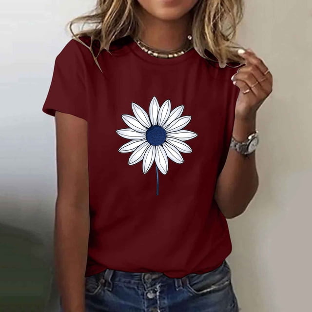 Ovbmpzd Hauts Amusants pour Femmes Tendance Été Rouge Manches Courtes T-Shirts Graphiques Floraux pour Femmes P