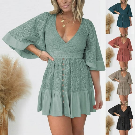 SMihono Women's Lace Crochet Romper Dress, with Built-in Shorts V Neck Batwing Sleeve Mini Dresses Crochet Bodysuit Black M