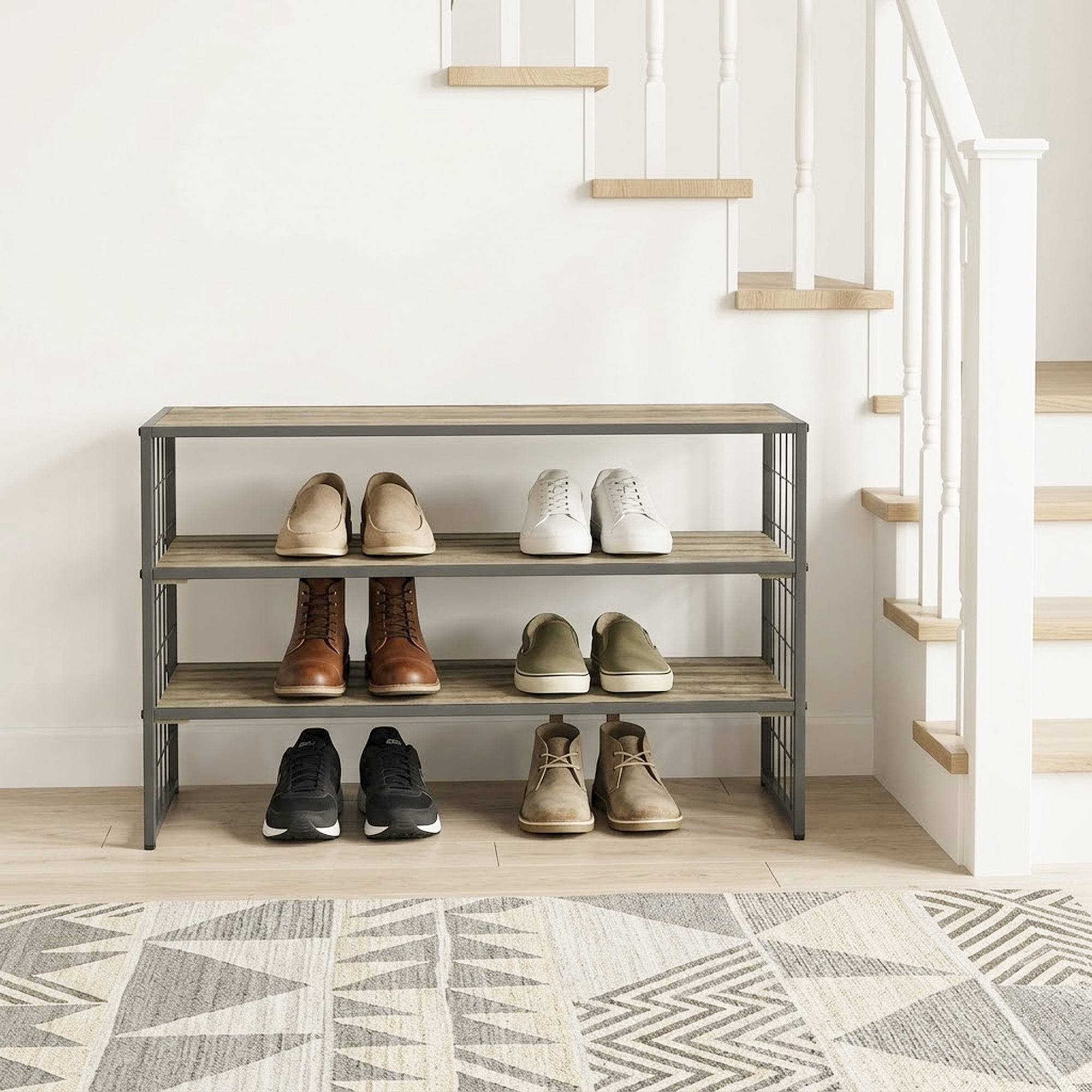 Better Homes & Gardens Farmhouse 3 Tier Shoe Rack, Gray, 30IN Wx 12 IN Dx 18IN H, Holds up to 12 Pairs