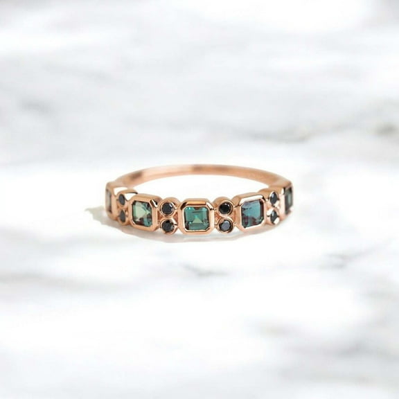 JEWELSBYASAILOR 3.5M Octagon Cut Alexandrite Band / Natural Black Onyx Ring / June - December Birthtsone Gift For Women / 925 Streling Silver Jewelry