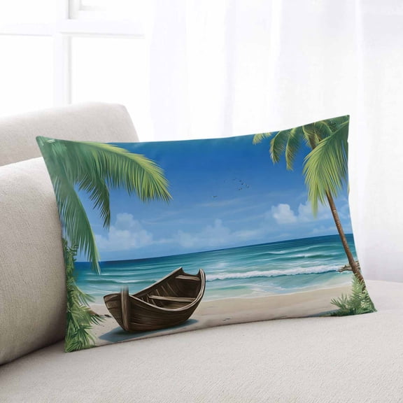 Ocean Beach Queen Size Pillow Cover, Pillowcase Protectors with Zipper, Breathable Decorative Throw Pillow Case Cover, Blue Coastal Palm Tree Nautical Sailboat Pillow Shams for Couch Sofa 20x30Inch