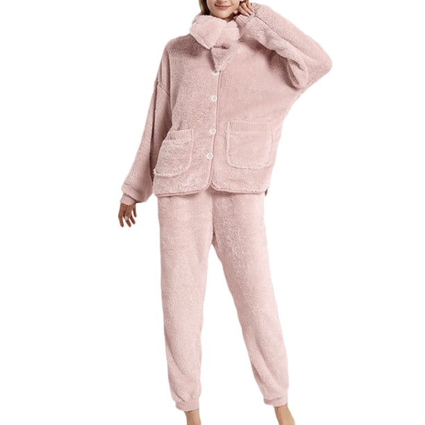 Conjunto de Pijamas Gibobby Talla Grande Terciopelo Coral para Mujer Cárdigan Cálido Rosa L