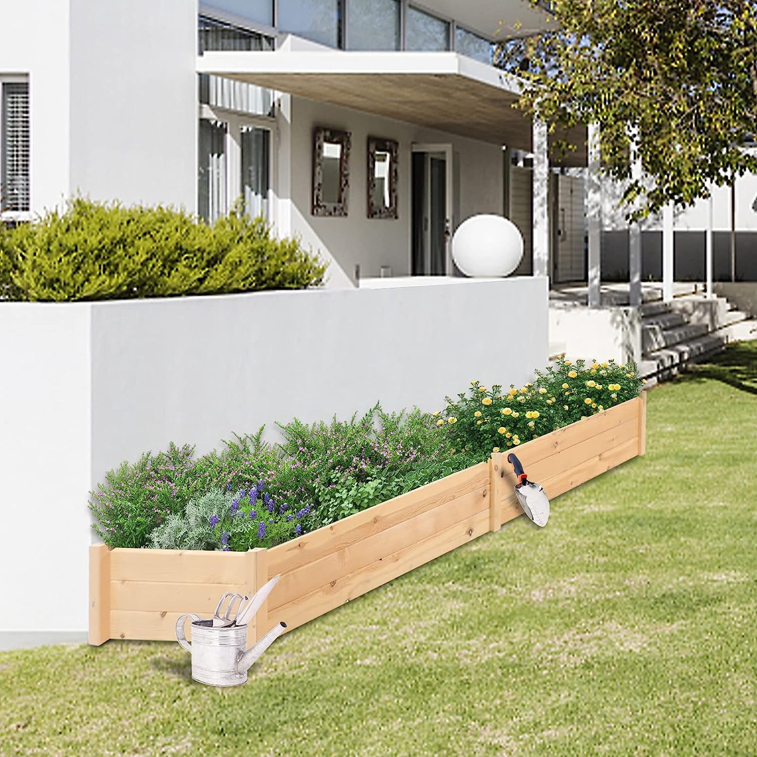 Outdoor Gardens 8ft Raised Garden Bed Wooden Garden Box, Planter Box Kit for Planting Flowers Vegetables Fruits, Natural