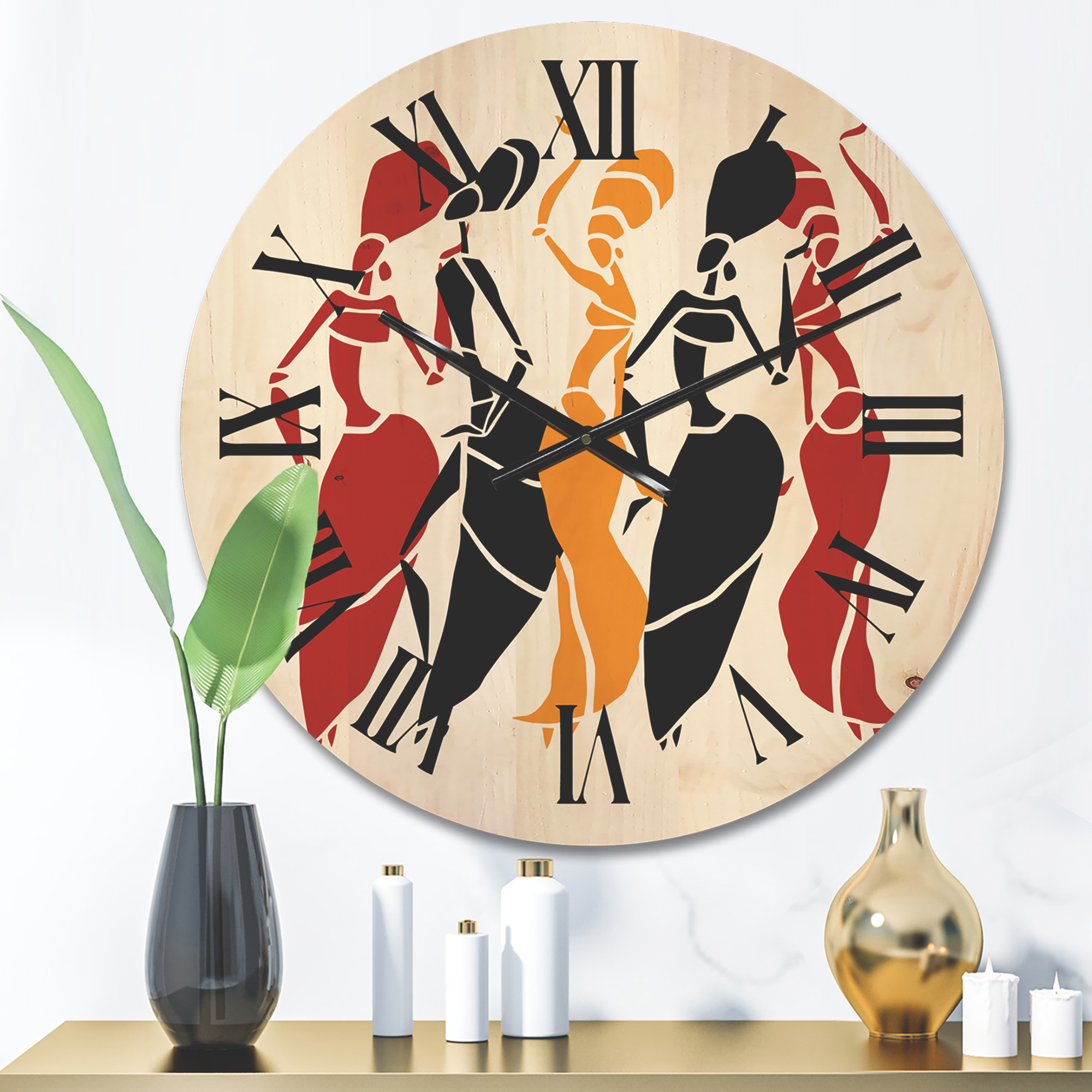 Designart 'Beautiful Red Black and Yellow Dancers Afro American Silhouettes' Modern Wood Wall Clock