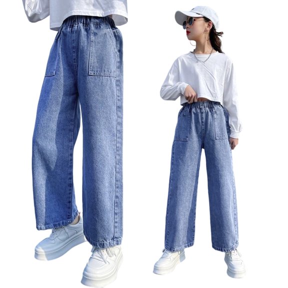 SGMVNU Girls Casual Jeans Stretch Waist Straight Leg Wide Leg for Everyday Wear Spring Summer Comfortable Pants Toddler to Jeans for Girls(Size 4-5 Years,Navy)