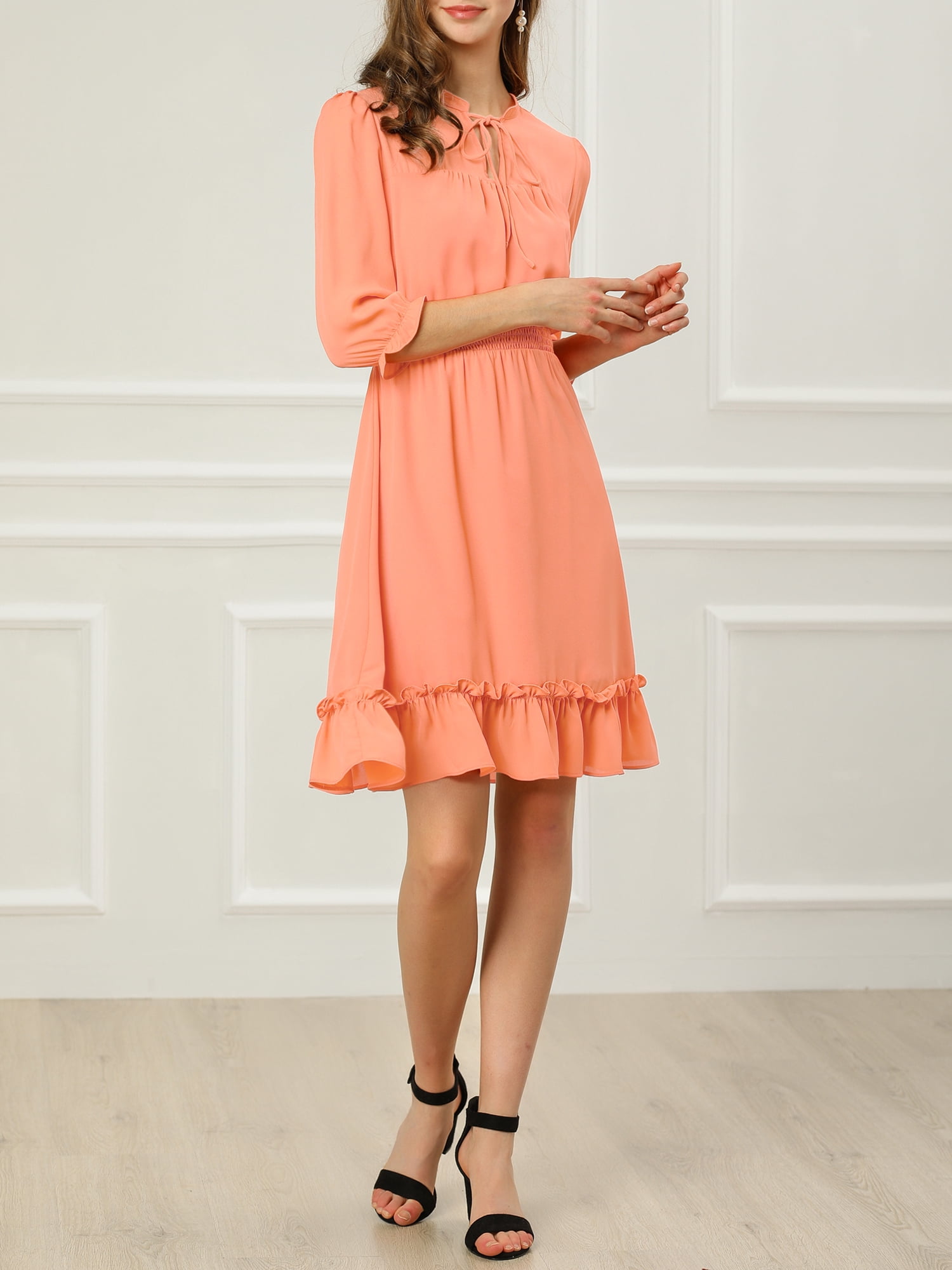 DARING DIVA Tie V Neck Chiffon 3/4 Sleeve Smocked Mini A-Line Dress XS Salmon