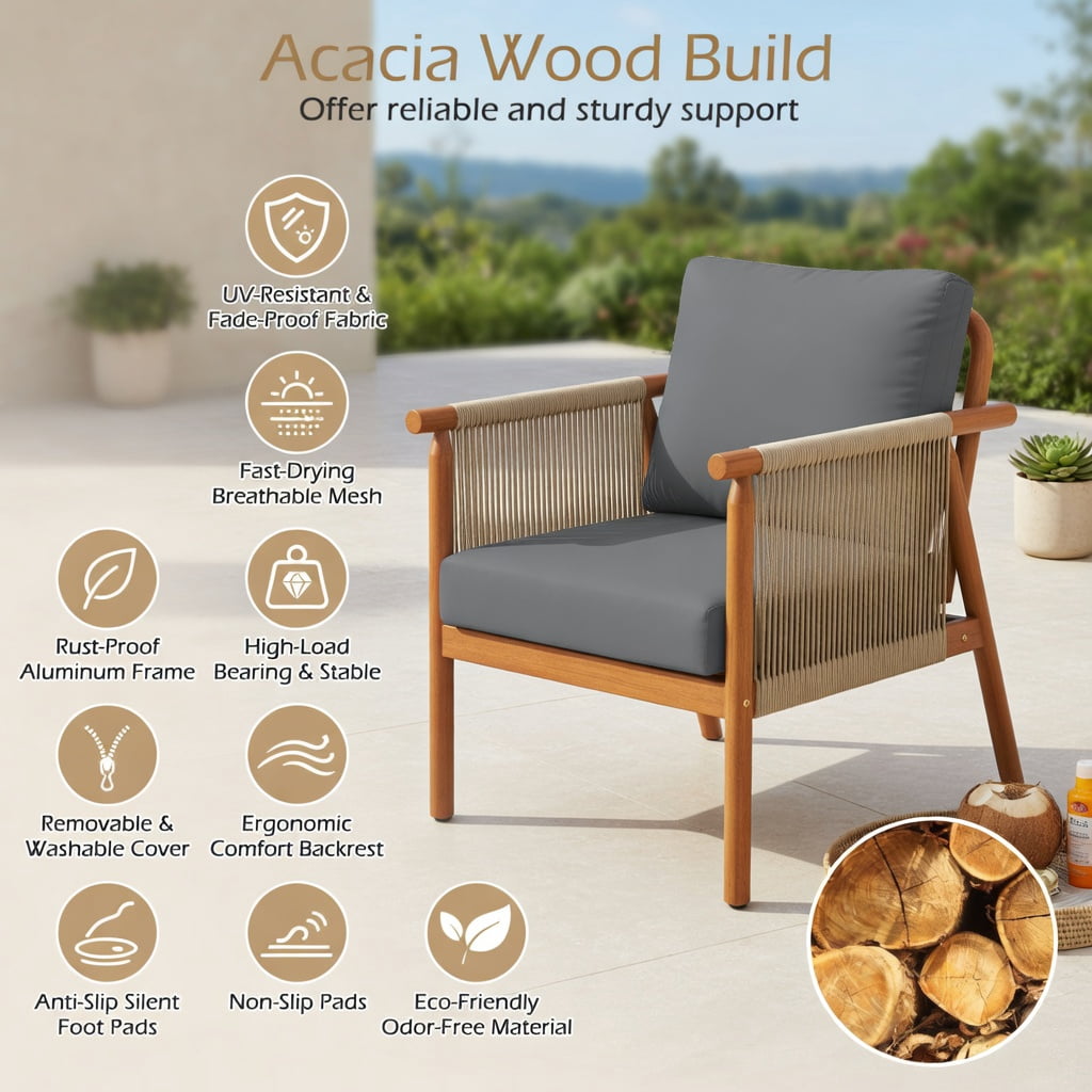 Hommoo Acacia Wood Patio Chair with Woven Rope Armrests, Ergonomic Outdoor Dining Chair for Backyard, Balcony, Porch, Gray