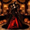 thumbnail image 4 of AoDai Gothic style long-sleeved witch dress with ghost castle print, suitable for Halloween party cosplay (all dress patterns are printed, the dress does not include a petticoat)., 4 of 6