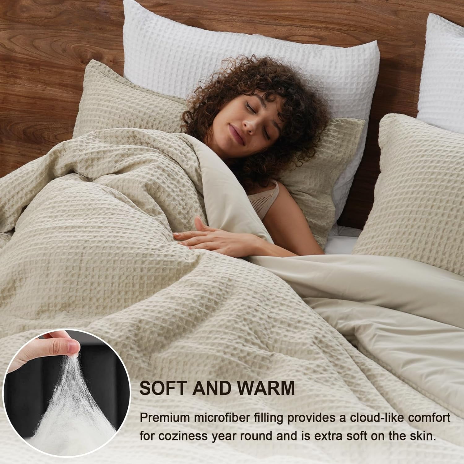 PHF 3-Piece Waffle Weave Comforter Set Queen Size, Lightweight Comfy Bedding Set for All Season, Ultra Soft Textured 1 Comforter with 2 Pillow Shams, Linen