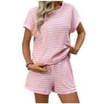 thumbnail image 2 of Roncen 2 Piece Sets for Women Summer Outfits Cute Stripe Knit T Shirts Shorts Matching Lounge Set, 2 of 9