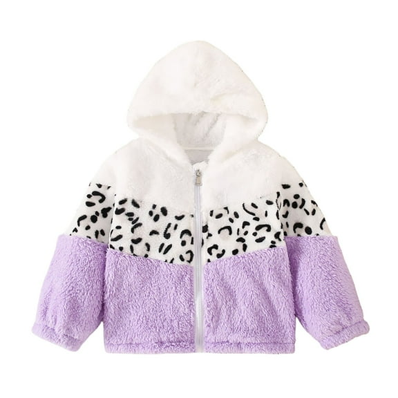 gcong Girls Fleece Jacket Leopard Print Zip Up Hoodies Winter Thick Warm Coat Fall Winter Outerwear Light Purple