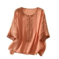 thumbnail image 2 of HLKJKLS Winter Clothing For Women Embroidered Round Neck 3/4 Sleeve Retro Casual Solid Color Transparent Cotton Linen Top Orange M-3Xl, 2 of 4