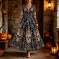 thumbnail image 2 of 2026 Women Long Sleeve V Neck Halloween Midi Dress, Vintage Skull Botanical Print Flared Swing Dress for Photo, 2 of 5