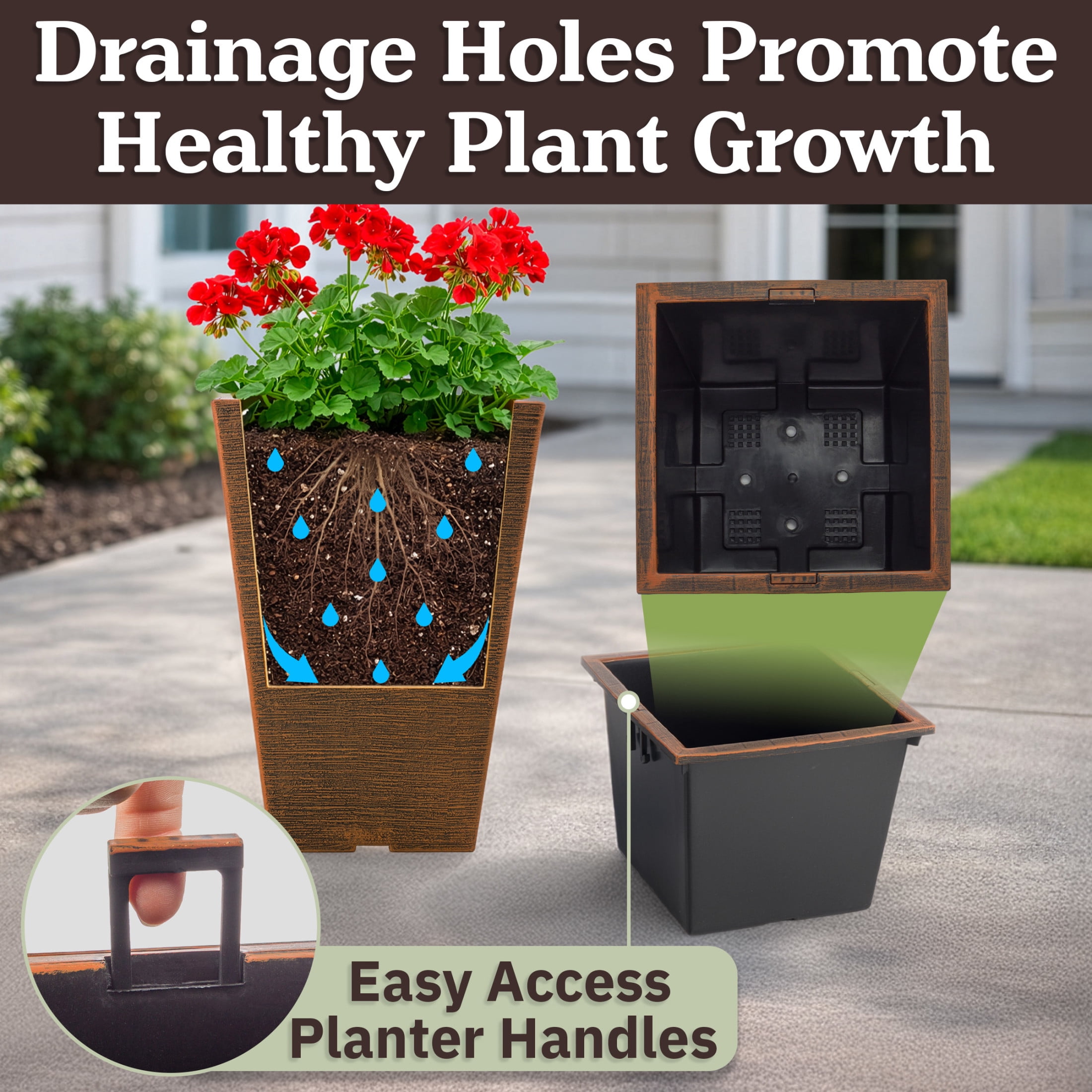 Pure Garden Large Outdoor Planters 2-Pack - 13.75” Tall Planters for Outdoor Plants or Indoors, Bronze