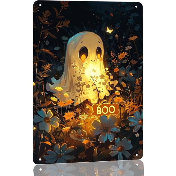 Halloween Ghost Metal Sign with Wild Daisies, Front Porch and Front Door Home Decor, 8 x 12 Inch