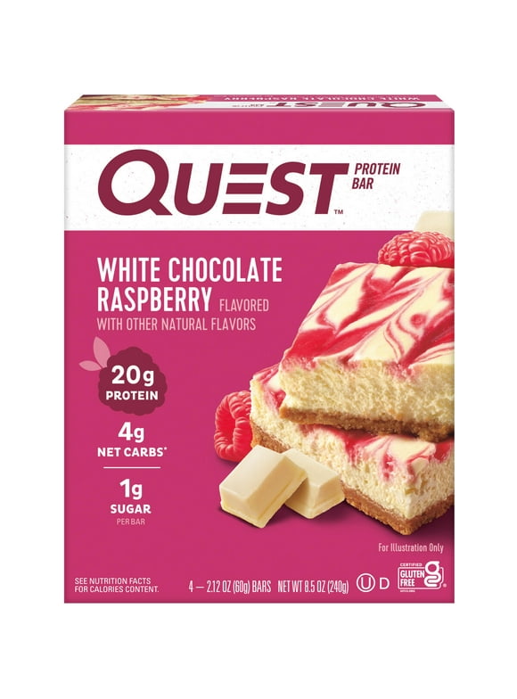 Quest Protein Bar, White Chocolate Raspberry, 20g Protein, Gluten Free, 4 Ct