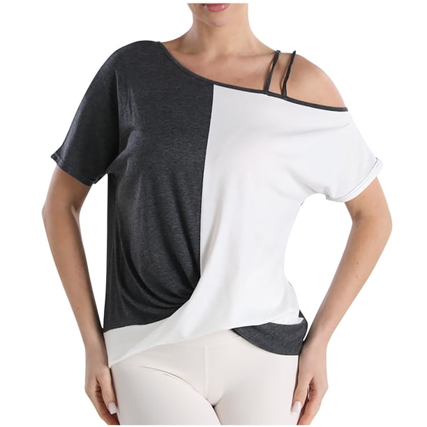 Tops de Hombro Frío para las Mujeres Color Coincidencia Manga Corta Irregular, Camiseta de Hombro para el Verano