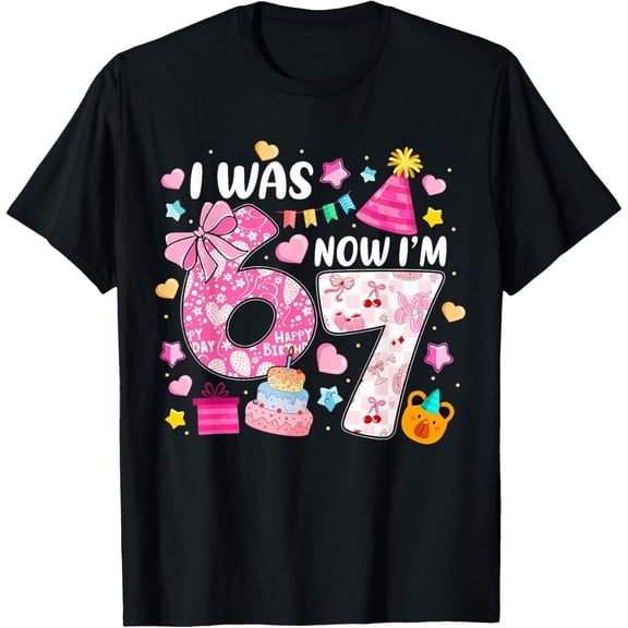Preppy Coquette Bow I was 6 Now I'm 7 7th Birthday Girl T-Shirt- American fashion hot selling casual retro high quality 100% cotton T-shirt 1 piece