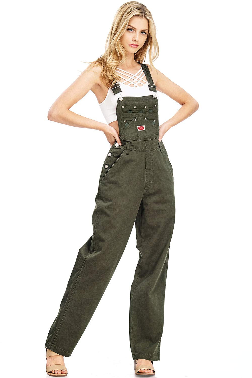 Revolt Women's Juniors Baggy Straight Leg Twill Overalls (Olive, Small)