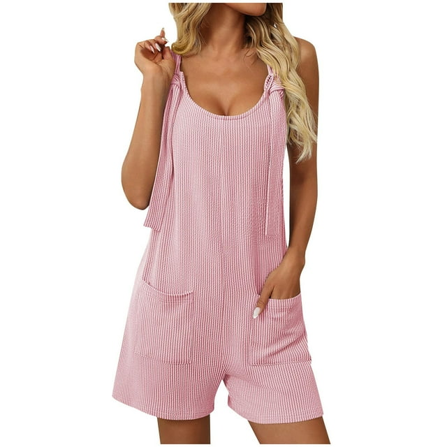 Camisetas Cortas para las Mujeres sin Mangas Cuello Redondo Sólido con Bolsillos, Casual una Pieza Romper Poliéster