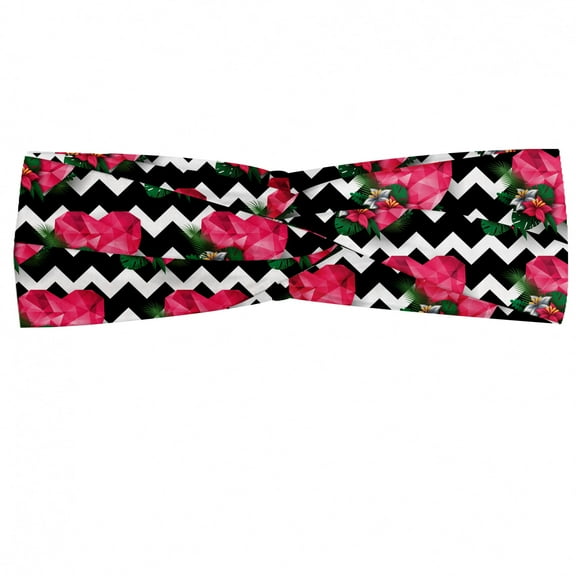 Exotic Headband, Polygonal Hearts Tropical Hibiscus Flowers Monstera Leaf on Zigzags, Elastic and Soft Women's Bandana for Sports and Everyday Use, Grey Red Coconut, by Ambesonne