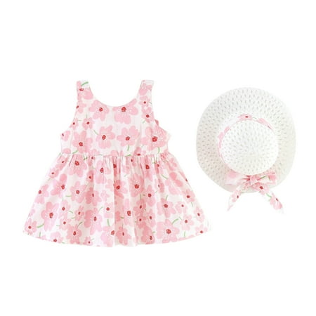 

Dresses Toddler Girls Sleeveless Bowknot Dresses Floral Printed Princess Dress Hat Outfits Birthday Party Dress