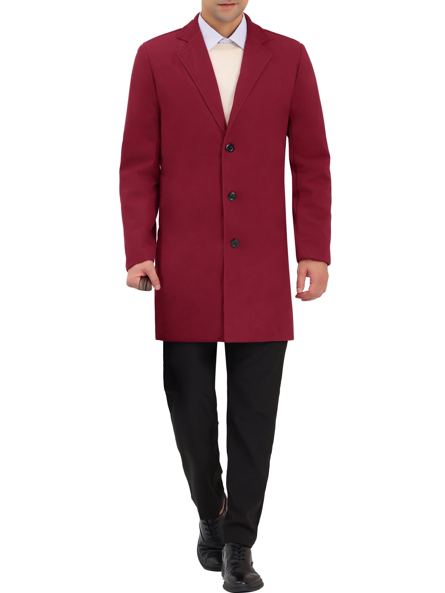 Unique Bargains Men's Trench Notch Lapel Single Breasted Classic Long Overcoat M Burgundy
