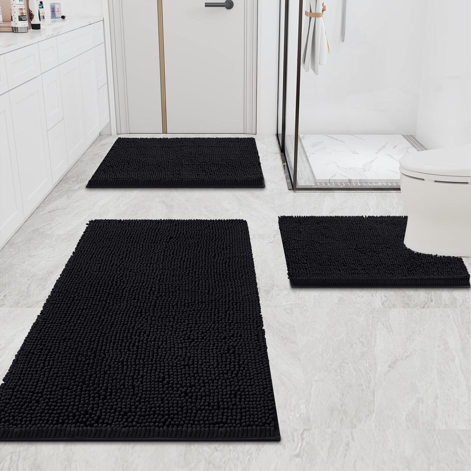 Smiry Luxury Chenille Bathroom Rugs, Extra Soft and Absorbent Bath Mat, Black, 17"x47"